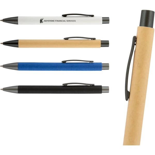 A set of four Aspen Paper Pens in white, brown, blue, and black, each featuring a clip and a logo.