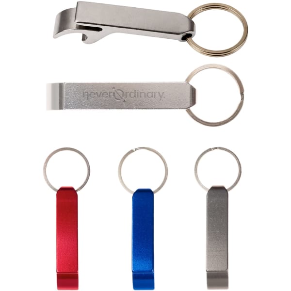A drink bottle opener keyring in silver, red, blue, and grey, featuring a circular keyring attachment and a logo.