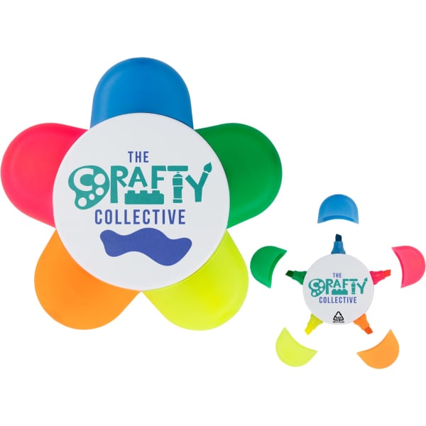 A flower-shaped highlighter set featuring orange, yellow, green, blue, and pink colors, with a central logo.