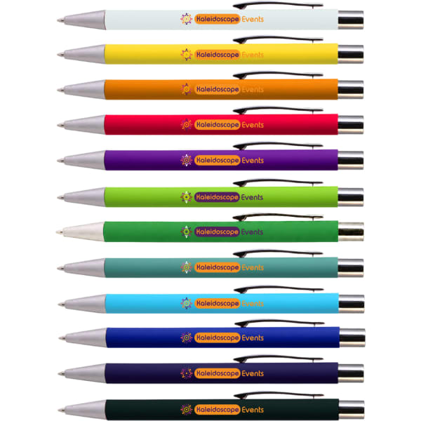 A collection of colourful aluminium pens in various shades, each featuring a logo.
