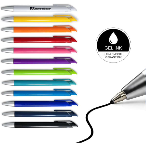 A variety of Octave Gel Ink Pens in multiple colours, featuring a sleek design and a logo on the side.