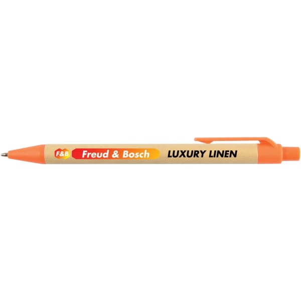 A luxury linen pen with an orange clip and branding, featuring a natural wood design.