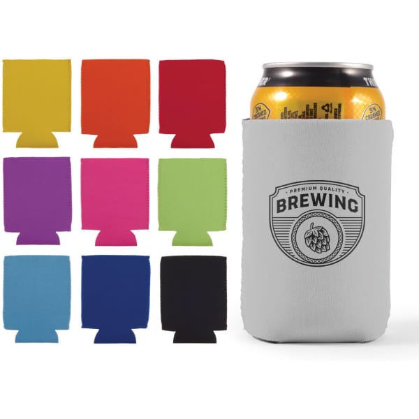 A stubby cooler in grey holding a drink can, surrounded by various coloured coolers in yellow, red, pink, purple, blue, and black.