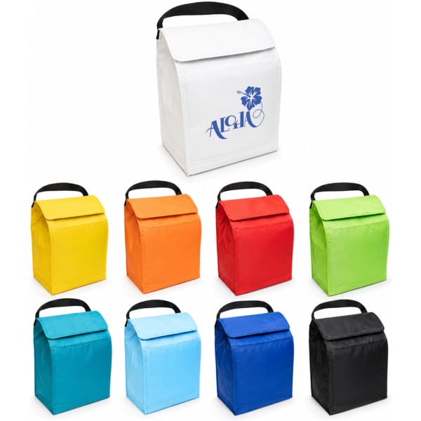 A collection of Sumo Cooler Lunch Bags in white, yellow, orange, red, green, blue, and black, featuring a logo.