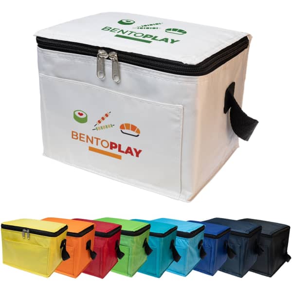 A cooler bag in multiple colours, featuring a brand logo and a zip closure. It has a sturdy handle for carrying.