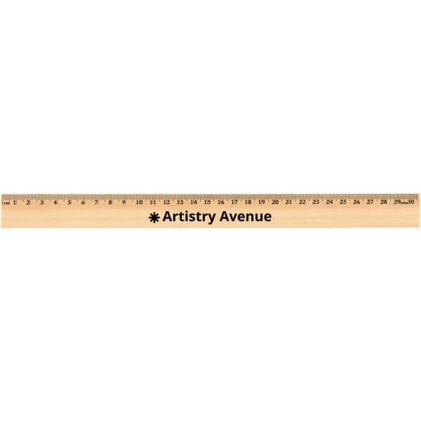 A wooden ruler, 30cm in length, featuring a light wood finish and a logo.