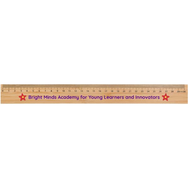 A bamboo ruler measuring 30cm with a branded logo and measurement markings in a clear format.