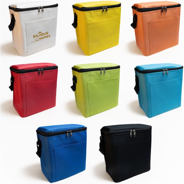 A collection of eight cooler bags in various colours: white, yellow, orange, green, red, blue, black, and one with a logo.