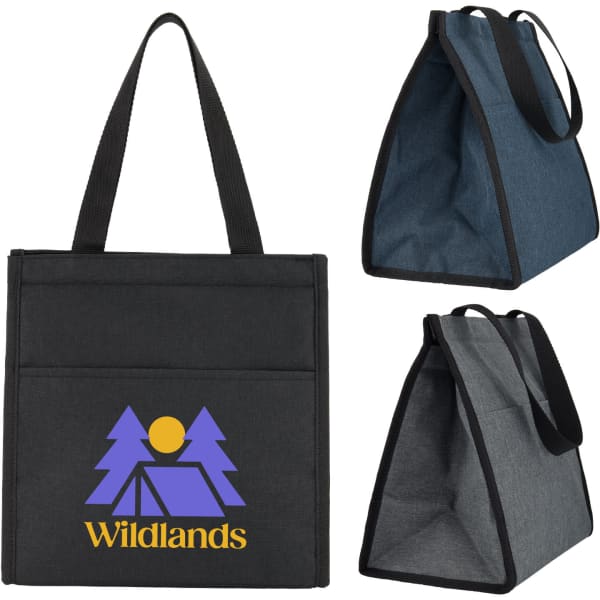 A cooler bag in black and grey, featuring a logo, with sturdy handles and a spacious interior.