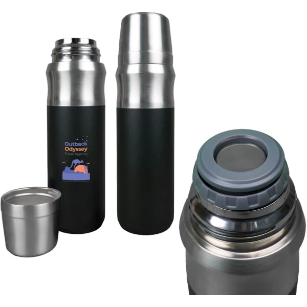 A drink bottle featuring a black exterior with stainless steel accents, includes a lid and a metal cup. It has a logo.