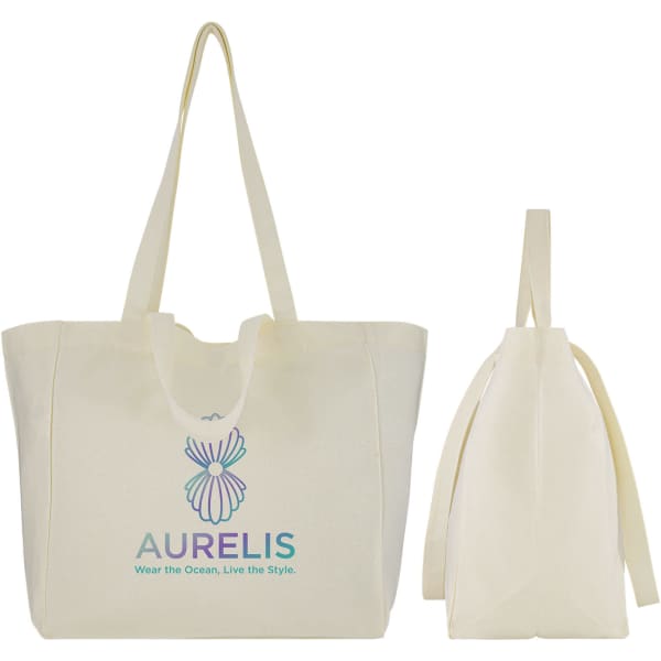 A spacious cream canvas bag with long handles and a logo on the front. Comes with a folded view.