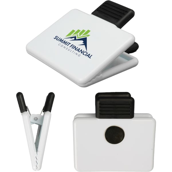 A white magnetic clip with a black grip, featuring a logo on one side, suitable for office use.