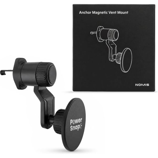 A black magnetic car phone holder with an adjustable vent mount, alongside its packaging featuring a logo.