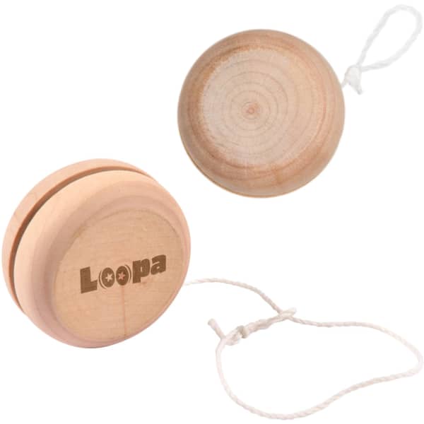 A wooden yo-yo in natural wood tones with an attached string and branding on one side.