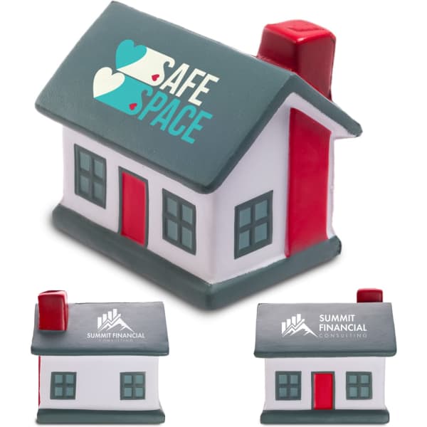 A stress reliever in the shape of a house with a grey roof, red door, and chimney. It features logos on its sides.