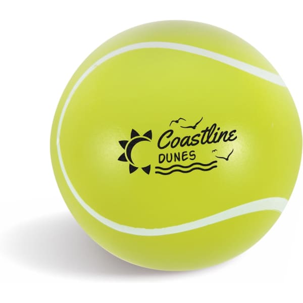 A bright yellow tennis ball with a logo, featuring classic white seam lines. Ideal for leisure and outdoor sports.