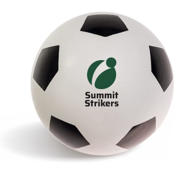 A soccer ball with a classic black and white pattern and a logo featuring a circular design.