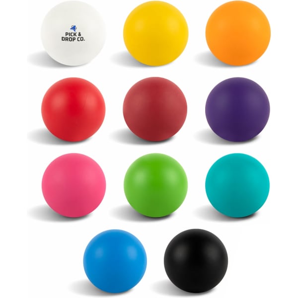 A collection of twelve bouncy balls in various colours: white, yellow, orange, red, pink, green, blue, purple, and black. Each ball has a logo.