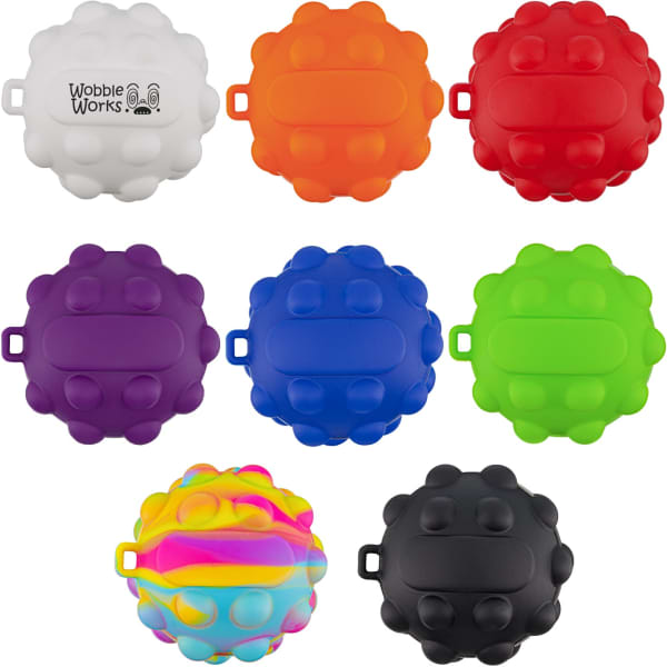 A set of colourful, textured balls in white, orange, red, blue, green, purple, pink, and black, featuring a logo.