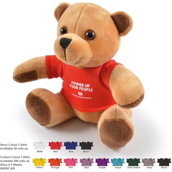 A plush teddy bear in brown, wearing a red t-shirt with a logo. It has a friendly face and sits upright.