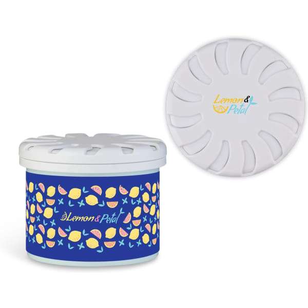 A decorative fragrance pot in blue with a colourful citrus design and a white lid featuring a logo.