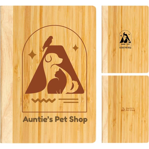 A bamboo notebook featuring a pet-themed design and a logo, with a natural wood finish.