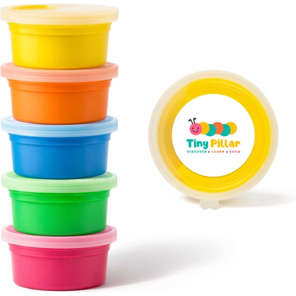Stacked containers in vibrant colours—pink, orange, green, blue—and a yellow lid with a logo.
