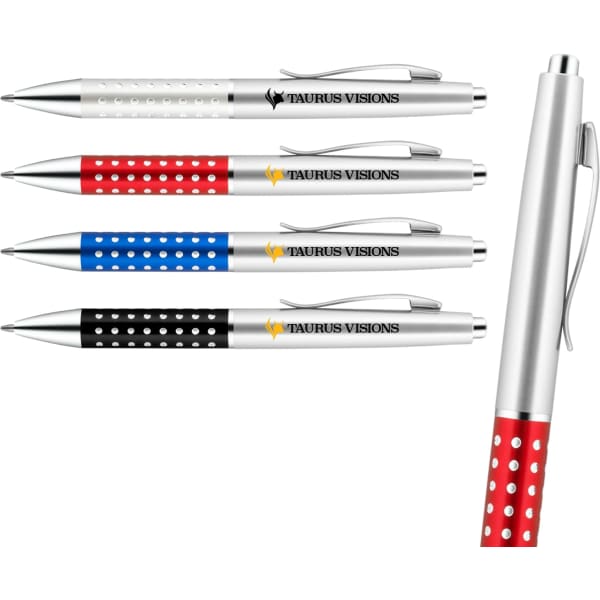 A collection of metal pens in four colours: red, blue, black, and white, alongside a silver pen with a red dotted grip.