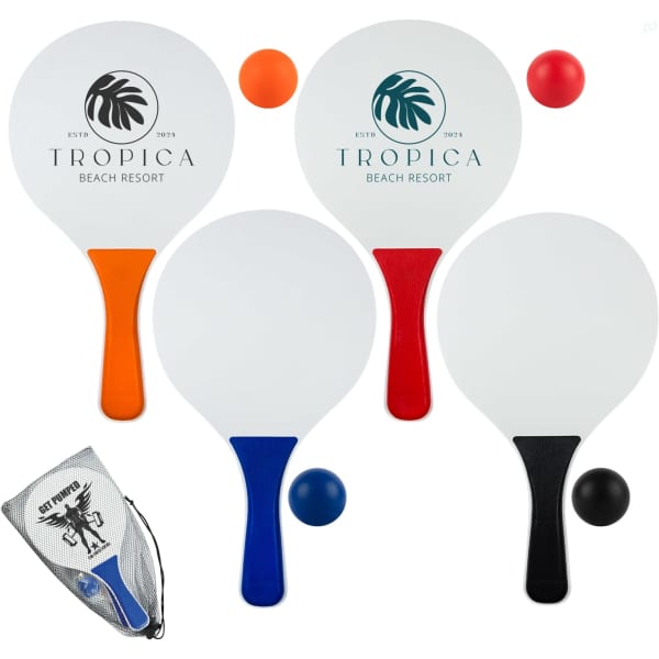 A paddle and ball set featuring four paddles in orange, blue, black, and white, along with two balls and a carrying bag.