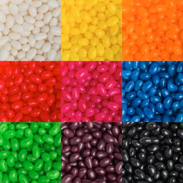A grid of jelly beans in various colours: white, yellow, orange, red, pink, blue, green, purple, and black.