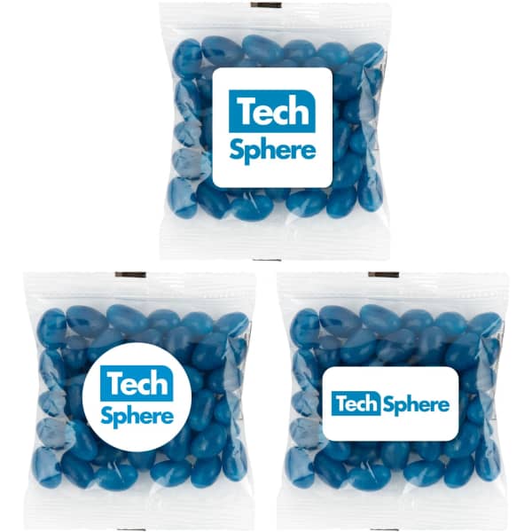 A clear cello bag containing blue jelly beans with a logo on the front. There are three bags displayed.