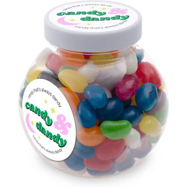 A clear container filled with assorted mini jelly beans in various colours, featuring a label with branding.