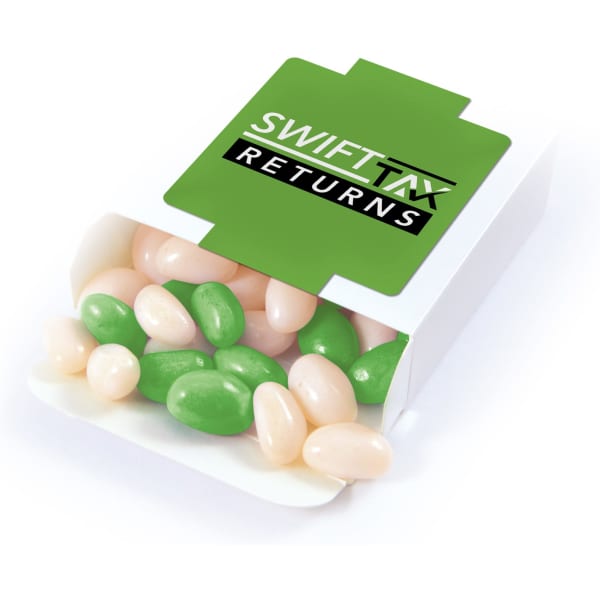 A box containing green and pale jelly beans, featuring a logo on the packaging.