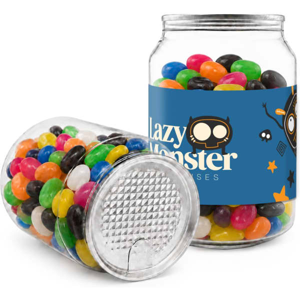 A clear jar filled with assorted jelly beans in various colours, featuring a branded label.
