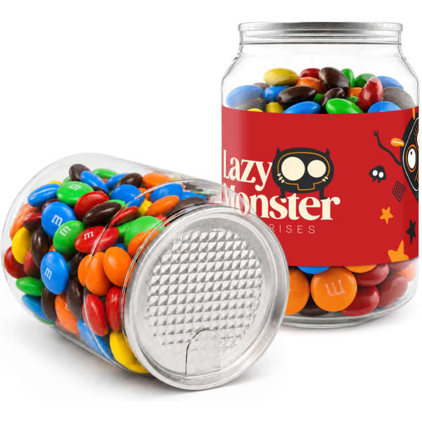 A clear container filled with vibrant M&M's in various colours, featuring a branded label.