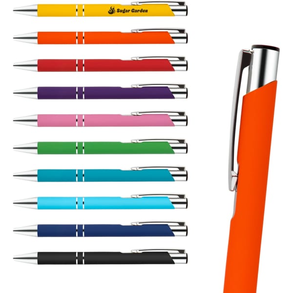 A set of ten metal pens in various bright colours, featuring a pen with an orange grip and a logo.