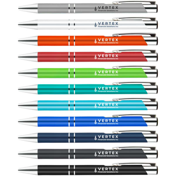 A collection of metal pens in grey, white, orange, green, turquoise, blue, navy, and black, featuring a logo.