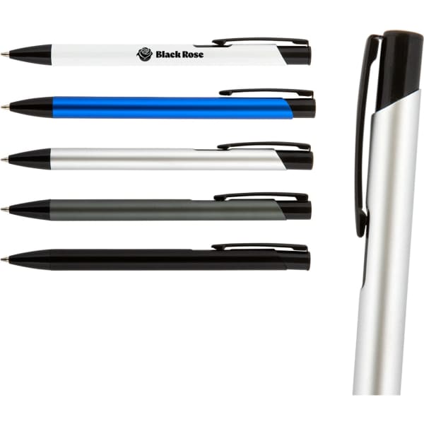 A selection of pens in various colours including black, blue, silver, and white, with a branding logo on one pen.