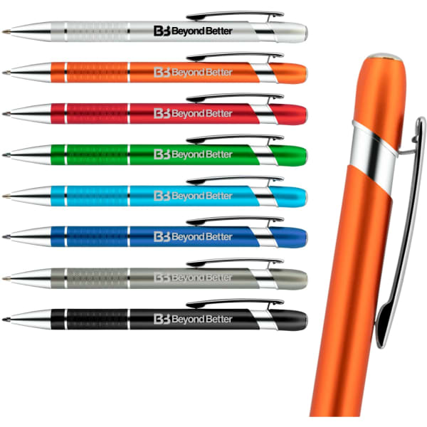 A collection of Miami Aluminium Pens in various colours: orange, blue, green, red, silver, black, and grey, featuring branding.