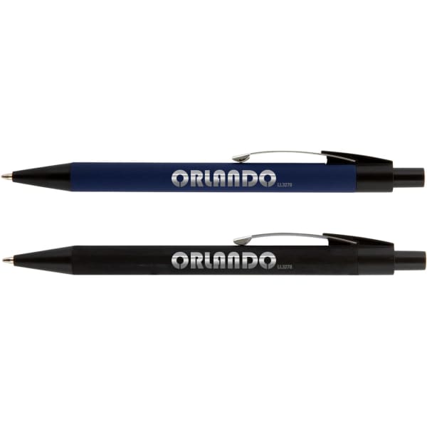A pair of metal pens featuring a blue and a black barrel, each with a clip and branding.