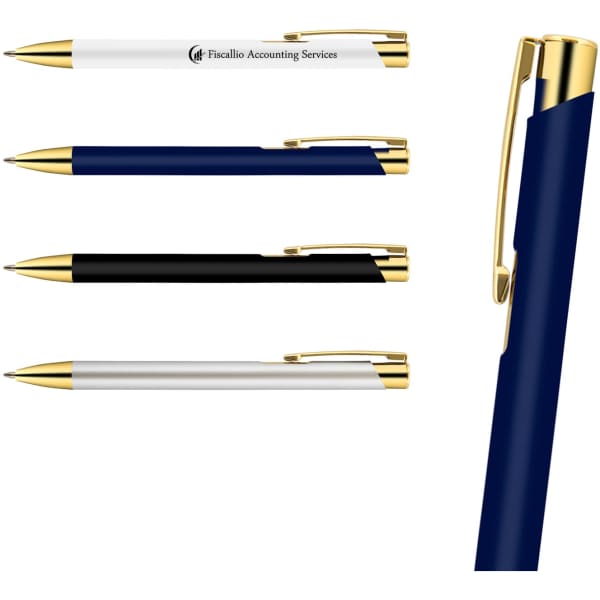 A set of metal pens in navy blue, black, and white, each with gold accents and a logo.