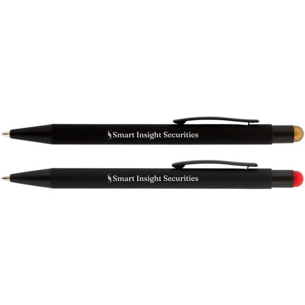 A set of two stylus pens in black, one with a gold tip and the other with a red tip, featuring a logo.