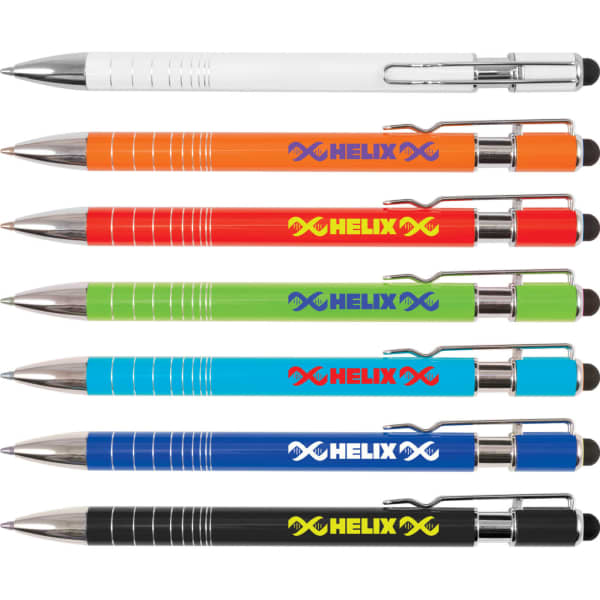 A collection of seven stylus pens in white, orange, green, blue, black, and red with metallic finishes and branding.