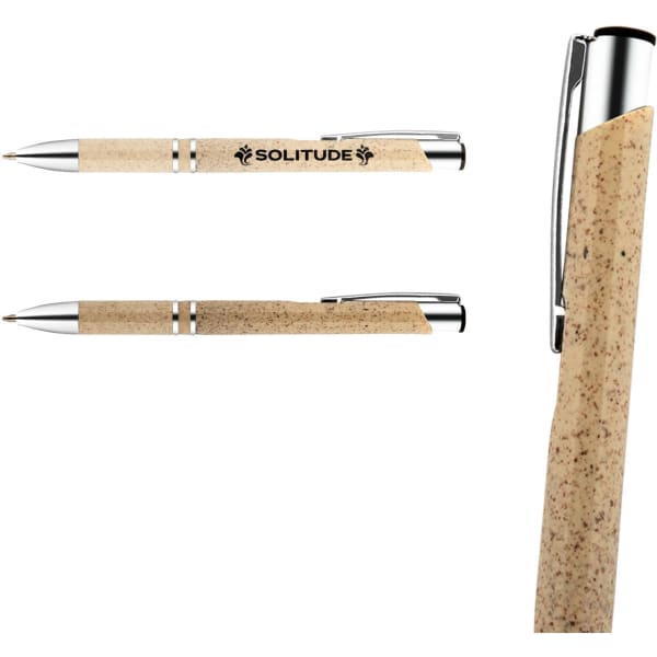 A plastic pen with a natural beige body and silver accents, featuring a logo on the side.