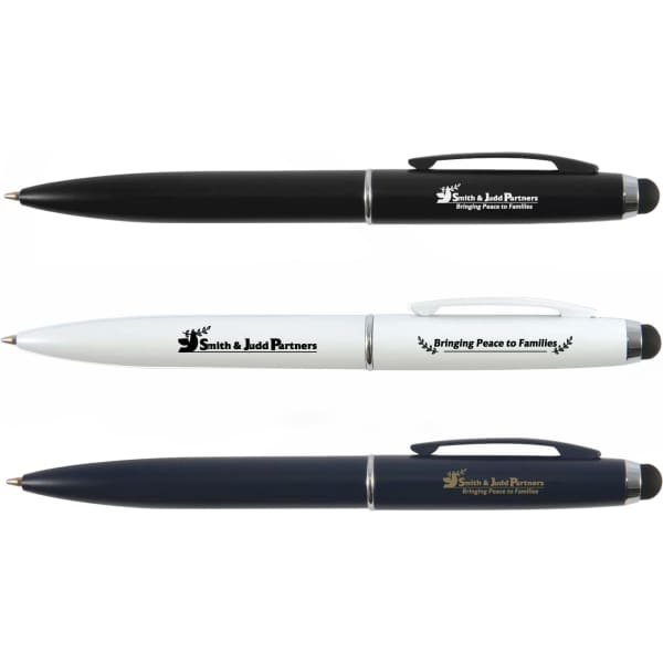Three metal pens in black, white, and navy, each featuring a different logo.