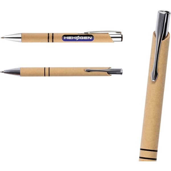 A cardboard pen in natural tones with silver accents, featuring a logo on its barrel.