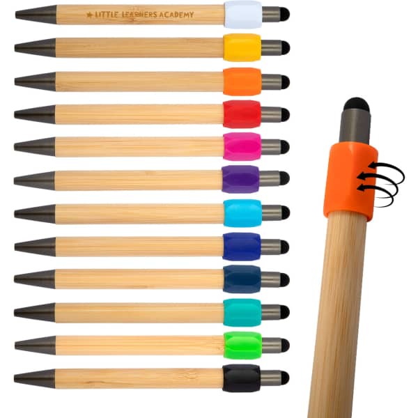 A collection of bamboo pens in various colours, featuring a branding logo, with a close-up of a pen showing its spinner cap.