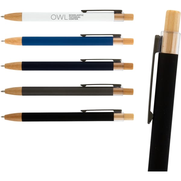 A collection of metal pens in white, blue, navy, grey, and black with bamboo accents and clips. Each has a logo.