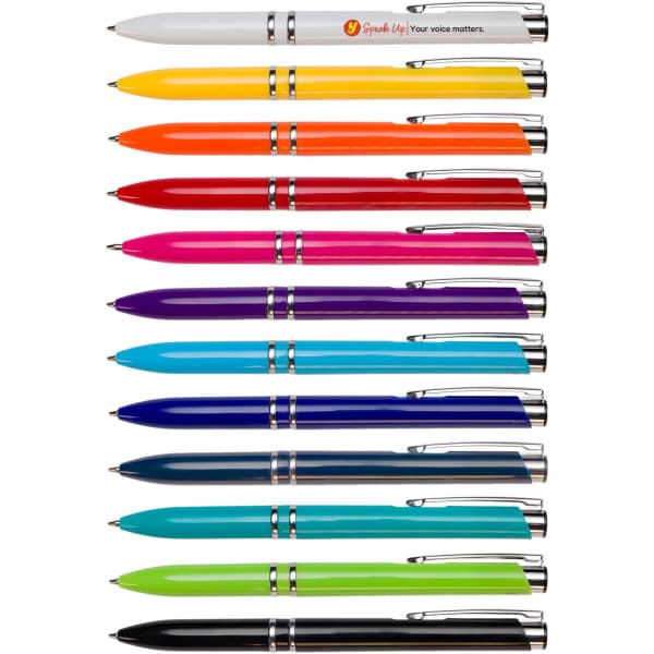 A collection of vibrant pens in various colours including orange, pink, blue, and black, featuring a silver logo.