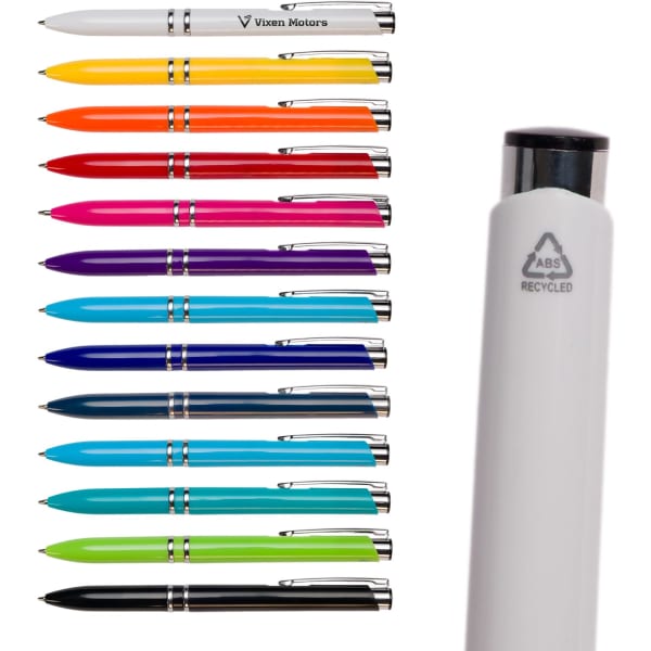 A collection of brightly coloured plastic pens in various shades, featuring a white pen with a logo and a recycled symbol.